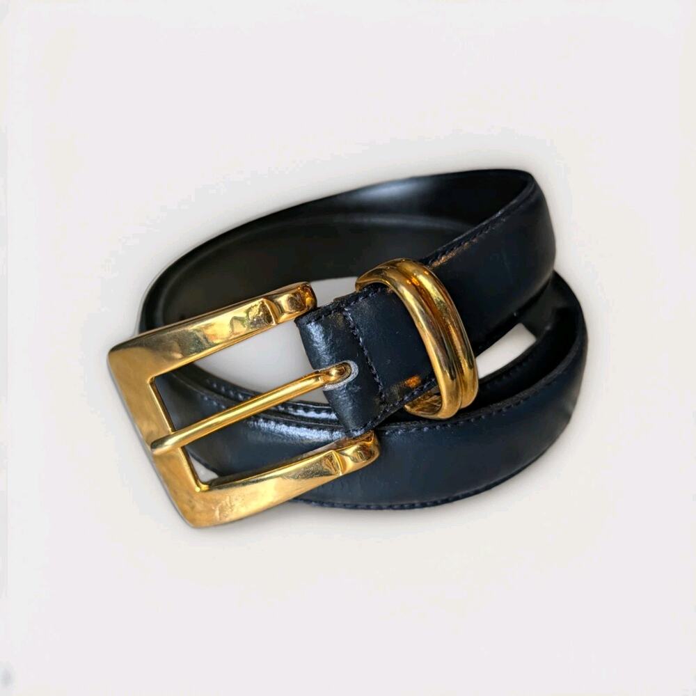 Vintage Milos Women's M Navy Blue Leather Gold Buckle Belt Made in Italy 80s 90s